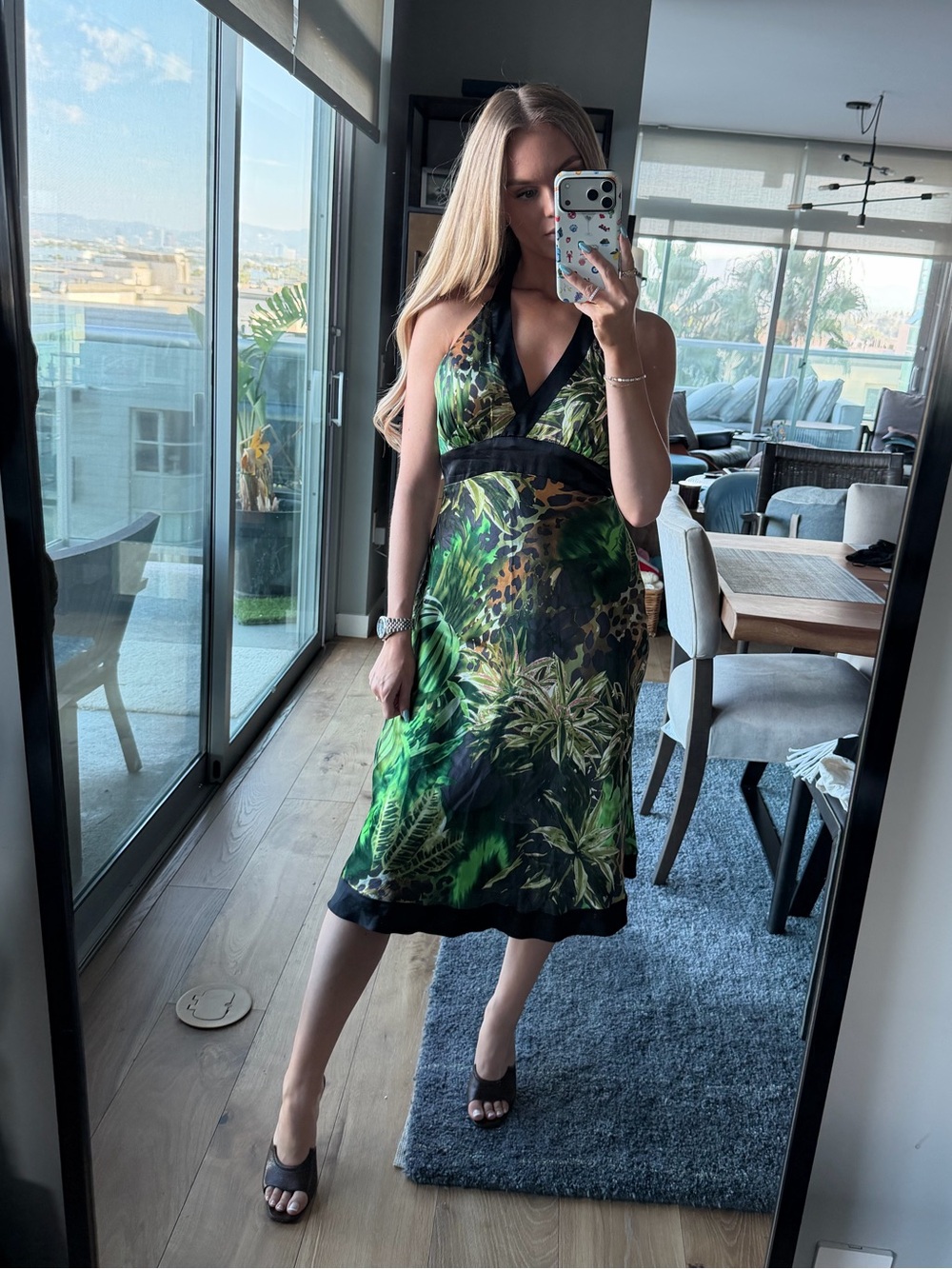 Silk Cache Tropical Halter Top Midi Dress